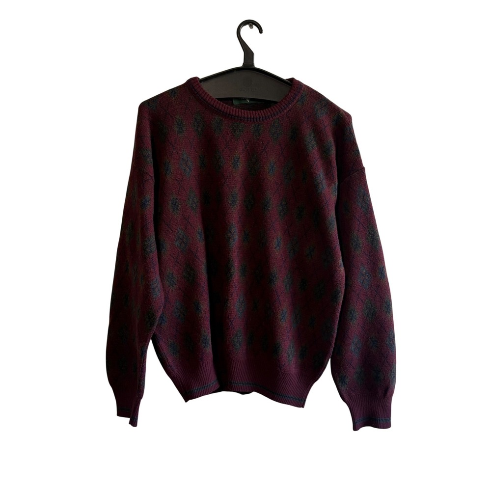 Vintage Hunt Club Size Medium Wool Burgundy Argyle Print Grandpa Sweater Knit